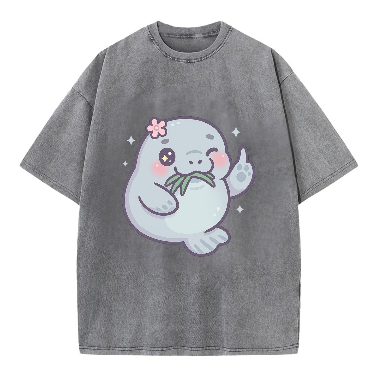 chubby manatee munching on seagrass, one flipper raised with sass - Vintage T-shirt - Grey