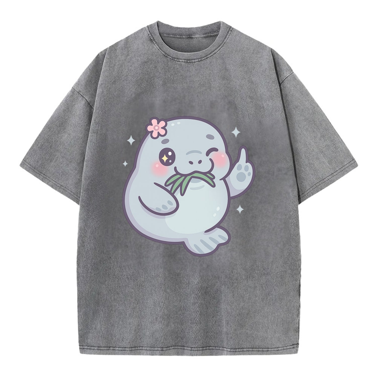 chubby manatee munching on seagrass, one flipper raised with sass - Vintage T-shirt - Grey