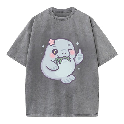 chubby manatee munching on seagrass, one flipper raised with sass - Vintage T-shirt - Grey