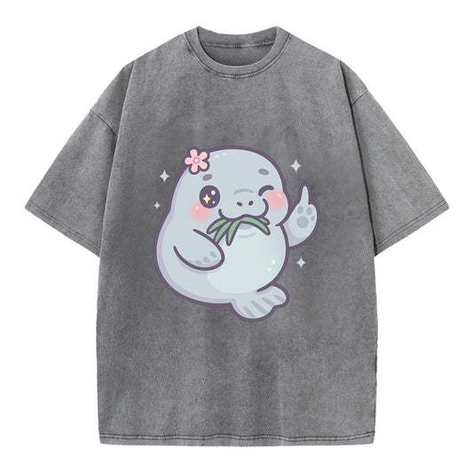 chubby manatee munching on seagrass, one flipper raised with sass - Vintage T-shirt - Grey