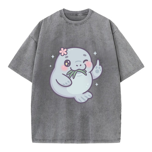 chubby manatee munching on seagrass, one flipper raised with sass - Vintage T-shirt