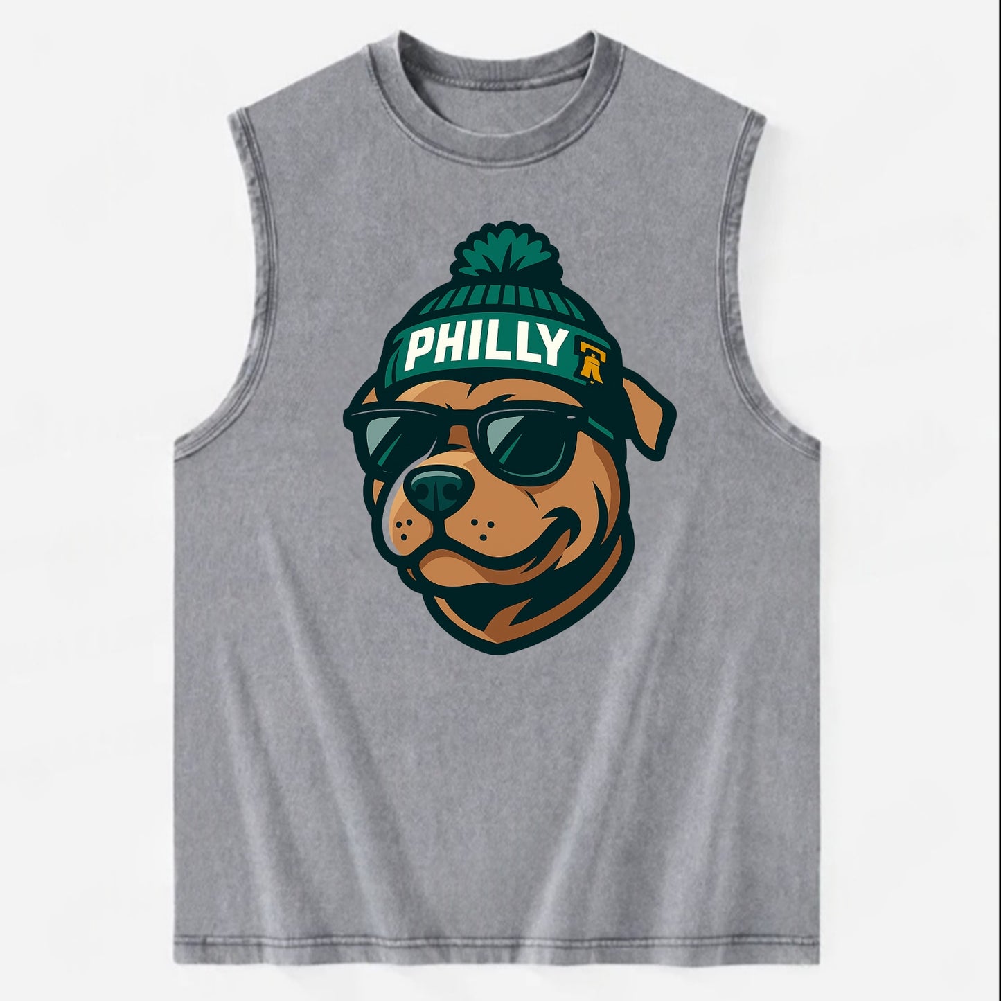 Philly Pitbull wearing Eagles beanie with Liberty Bell patch and wayfarer - Vintage Washed Tank - Grey
