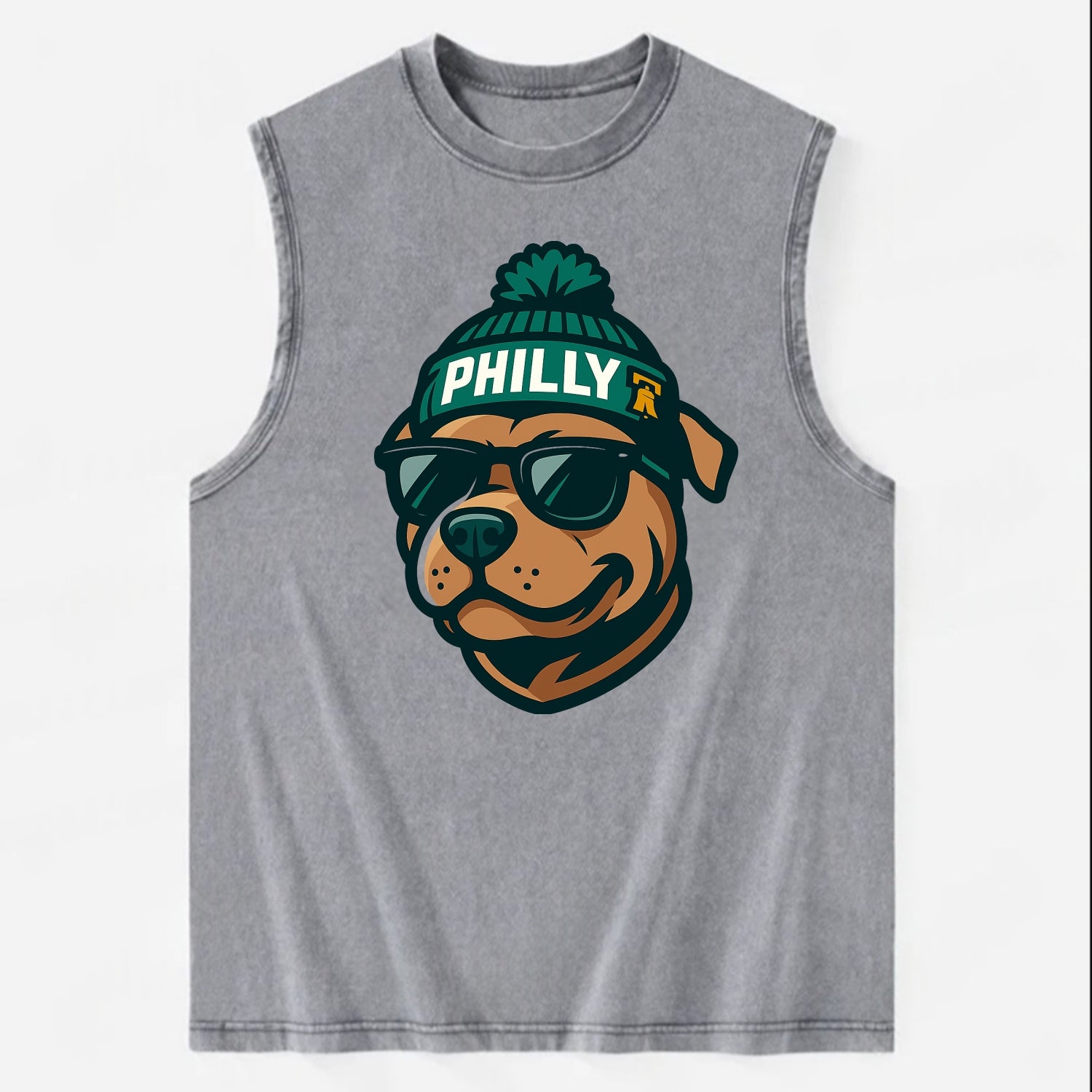 Philly Pitbull wearing Eagles beanie with Liberty Bell patch and wayfarer - Vintage Washed Tank - Grey