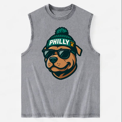 Philly Pitbull wearing Eagles beanie with Liberty Bell patch and wayfarer - Vintage Washed Tank - Grey