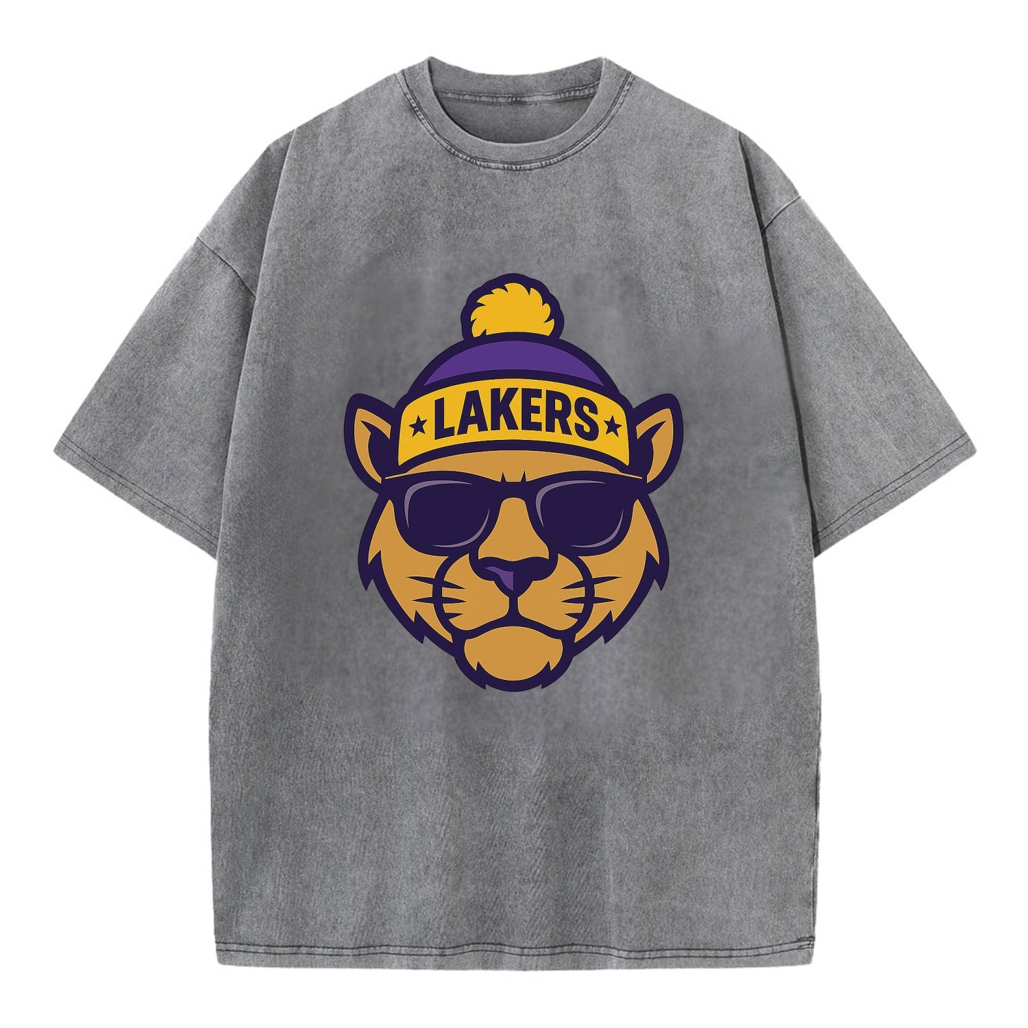 LA Mountain Lion wearing Lakers purple and gold beanie with championship stars - Vintage T-shirt - Grey