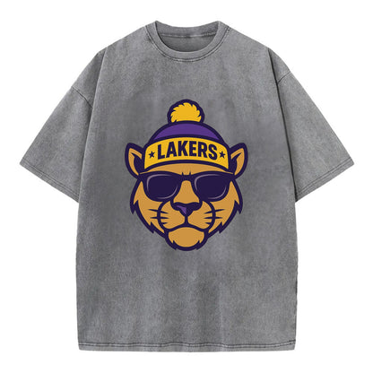 LA Mountain Lion wearing Lakers purple and gold beanie with championship stars - Vintage T-shirt - Grey