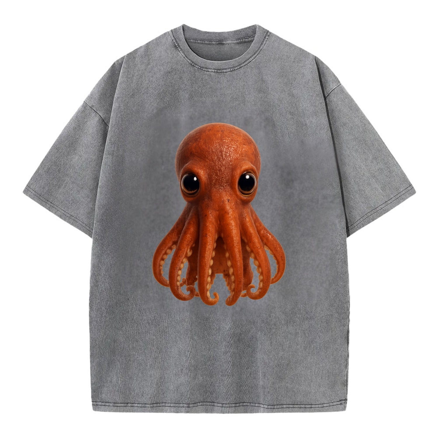 Baby Giant Pacific Octopus - reddish, smaller tentacles, expressive eyes, - Vintage T-shirt - Grey