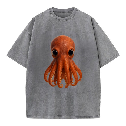 Baby Giant Pacific Octopus - reddish, smaller tentacles, expressive eyes, - Vintage T-shirt - Grey