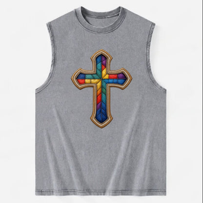 Stained Glass Cross  - Vintage Washed Tank - Grey