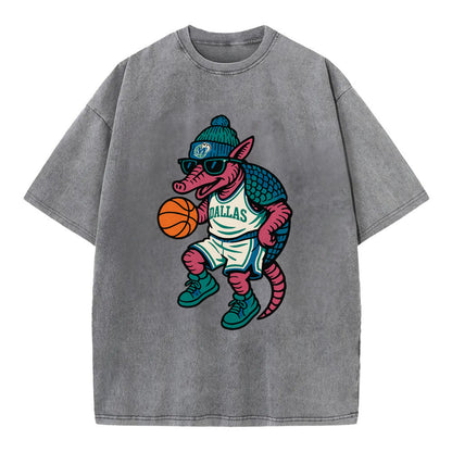 Dallas Armadillo wearing Mavericks beanie with cowboy hat patch and wayfarer - Vintage T-shirt - Grey