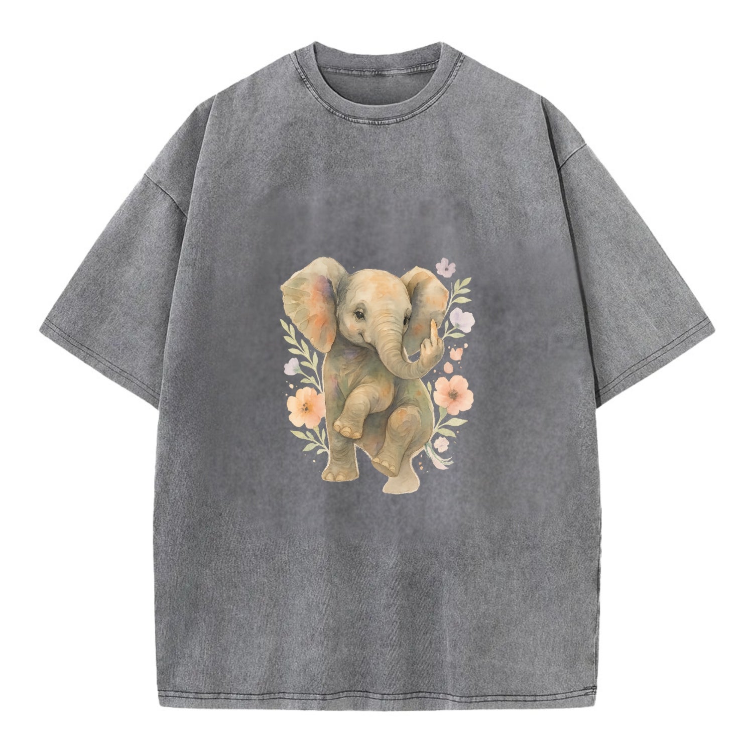 baby elephant with trunk up, one foot raised with middle toe extended - Vintage T-shirt - Grey