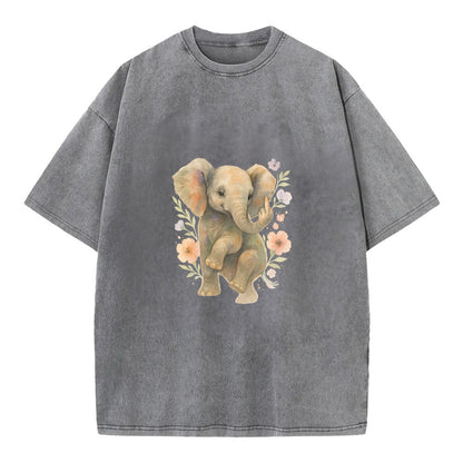 baby elephant with trunk up, one foot raised with middle toe extended - Vintage T-shirt - Grey