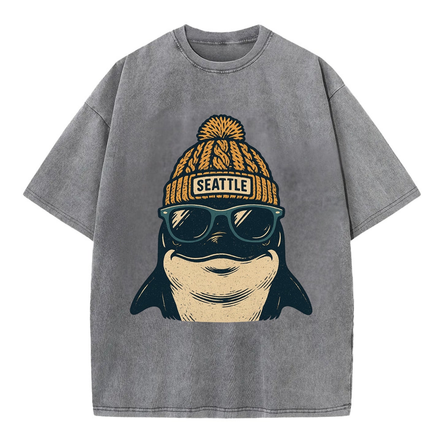 Seattle Orca wearing Seattle beanie with pom pom and wayfarer sunglasses - Vintage T-shirt - Grey
