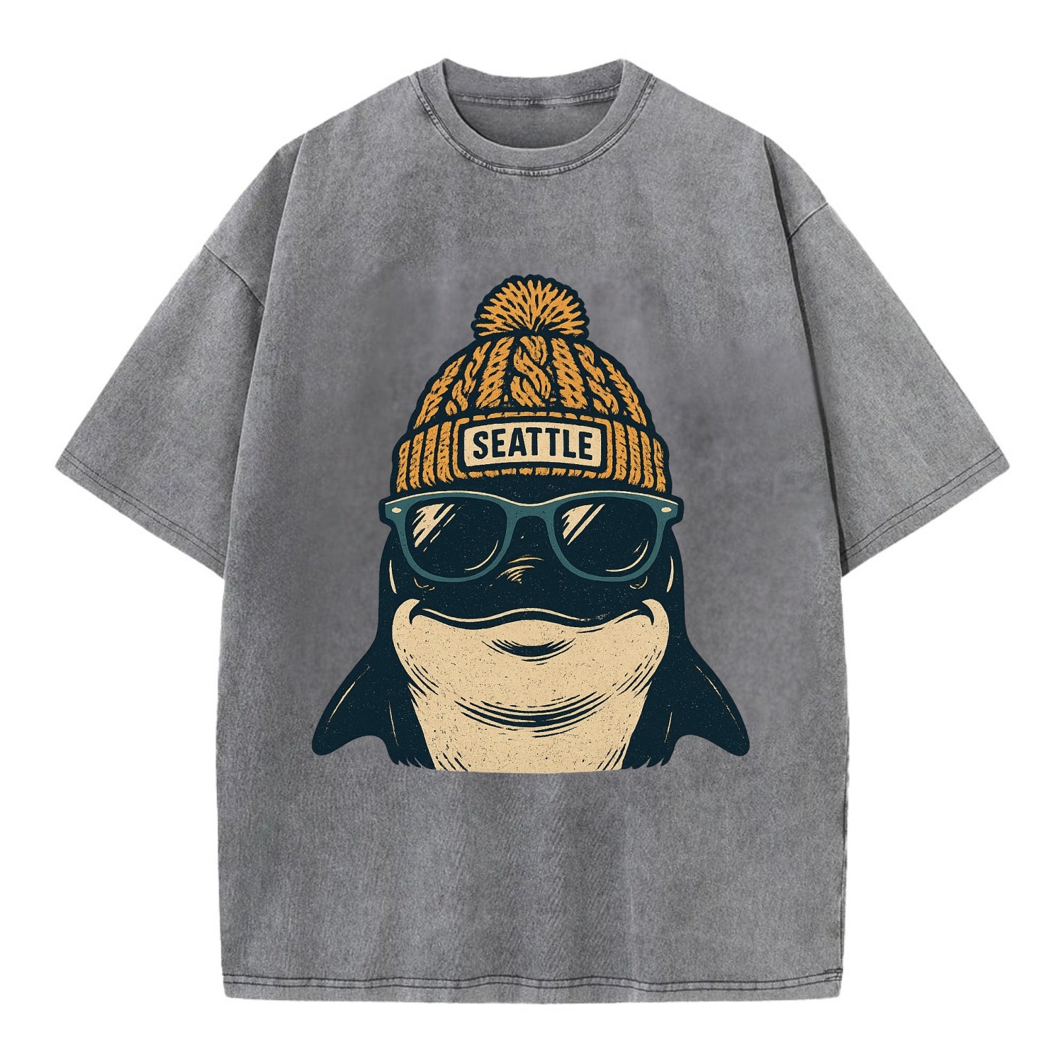 Seattle Orca wearing Seattle beanie with pom pom and wayfarer sunglasses - Vintage T-shirt - Grey