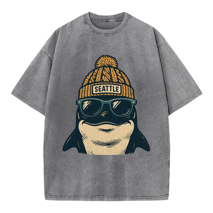 Seattle Orca wearing Seattle beanie with pom pom and wayfarer sunglasses - Vintage T-shirt - Grey
