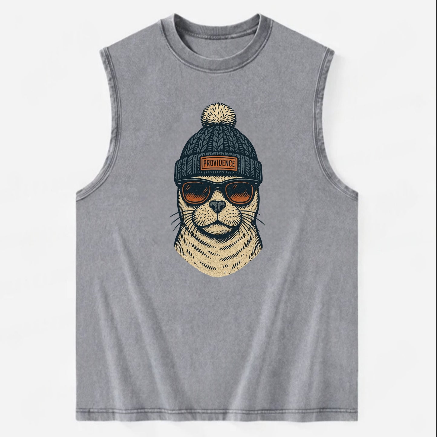 Rhode Island Harbor Seal wearing Providence beanie with pom pom and wayfarer - Vintage Washed Tank - Grey