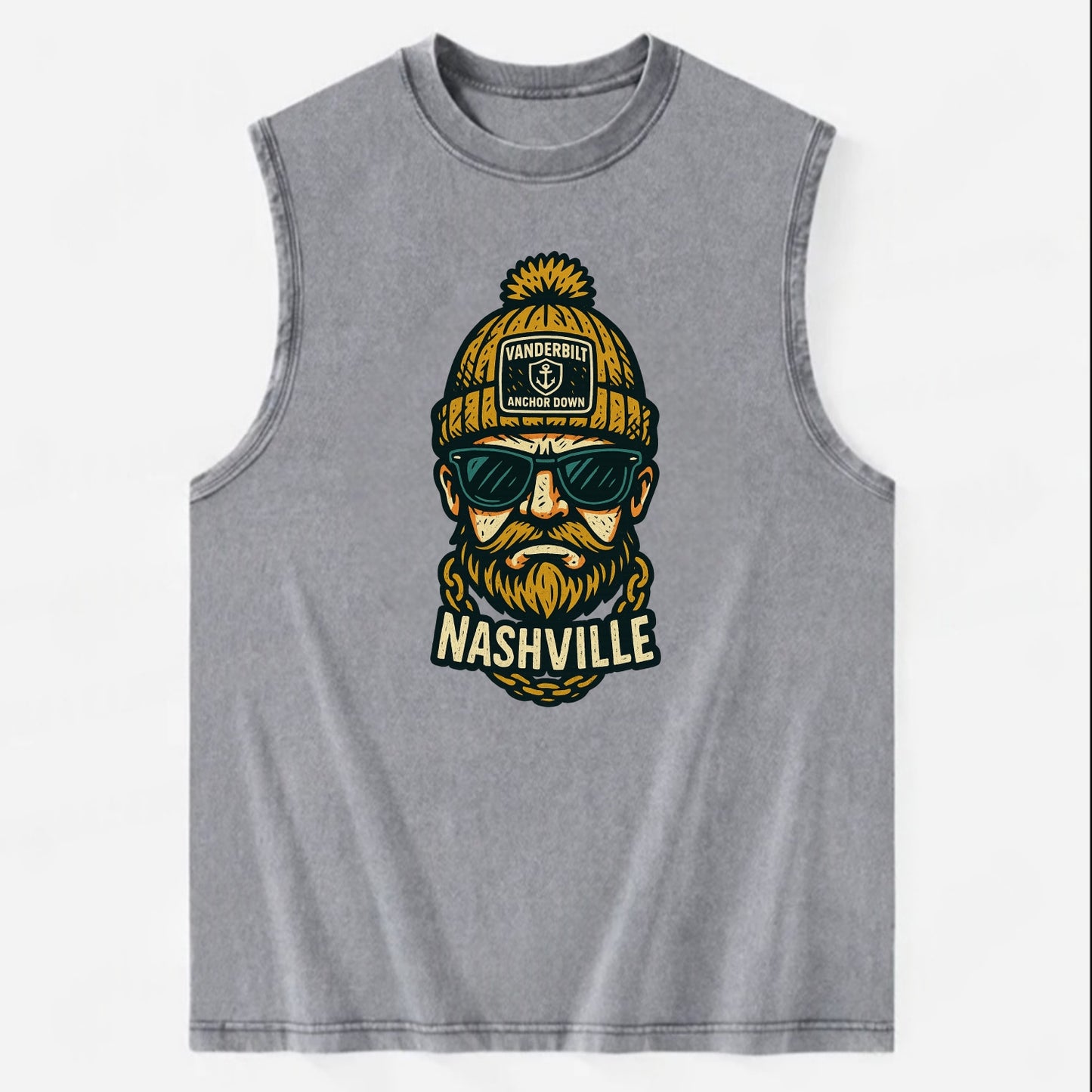 Nashville Commodore wearing Vanderbilt beanie with anchor patch - Vintage Washed Tank - Grey