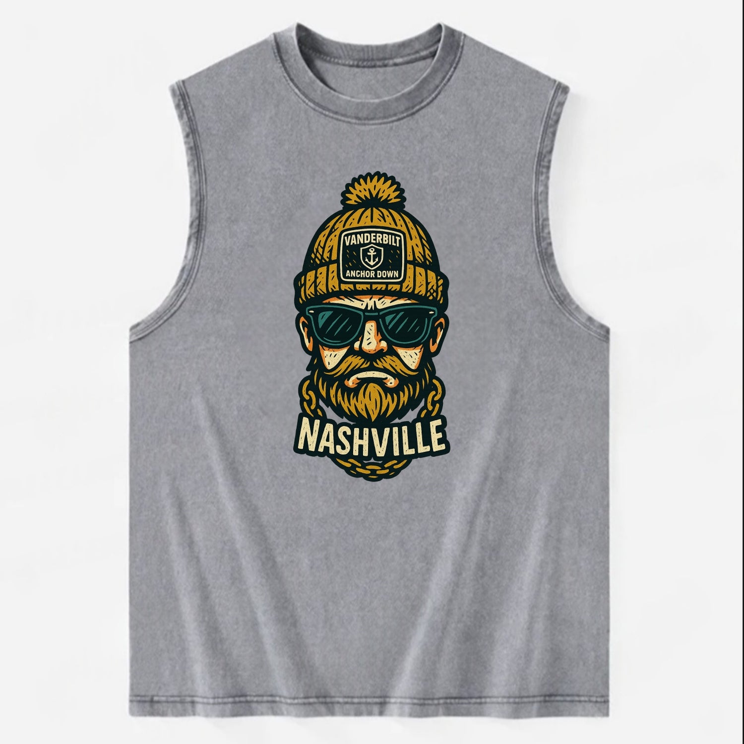 Nashville Commodore wearing Vanderbilt beanie with anchor patch - Vintage Washed Tank - Grey