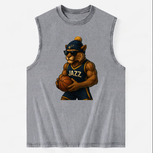 Utah Mountain Lion wearing Jazz navy and yellow beanie with music note and - Vintage Washed Tank