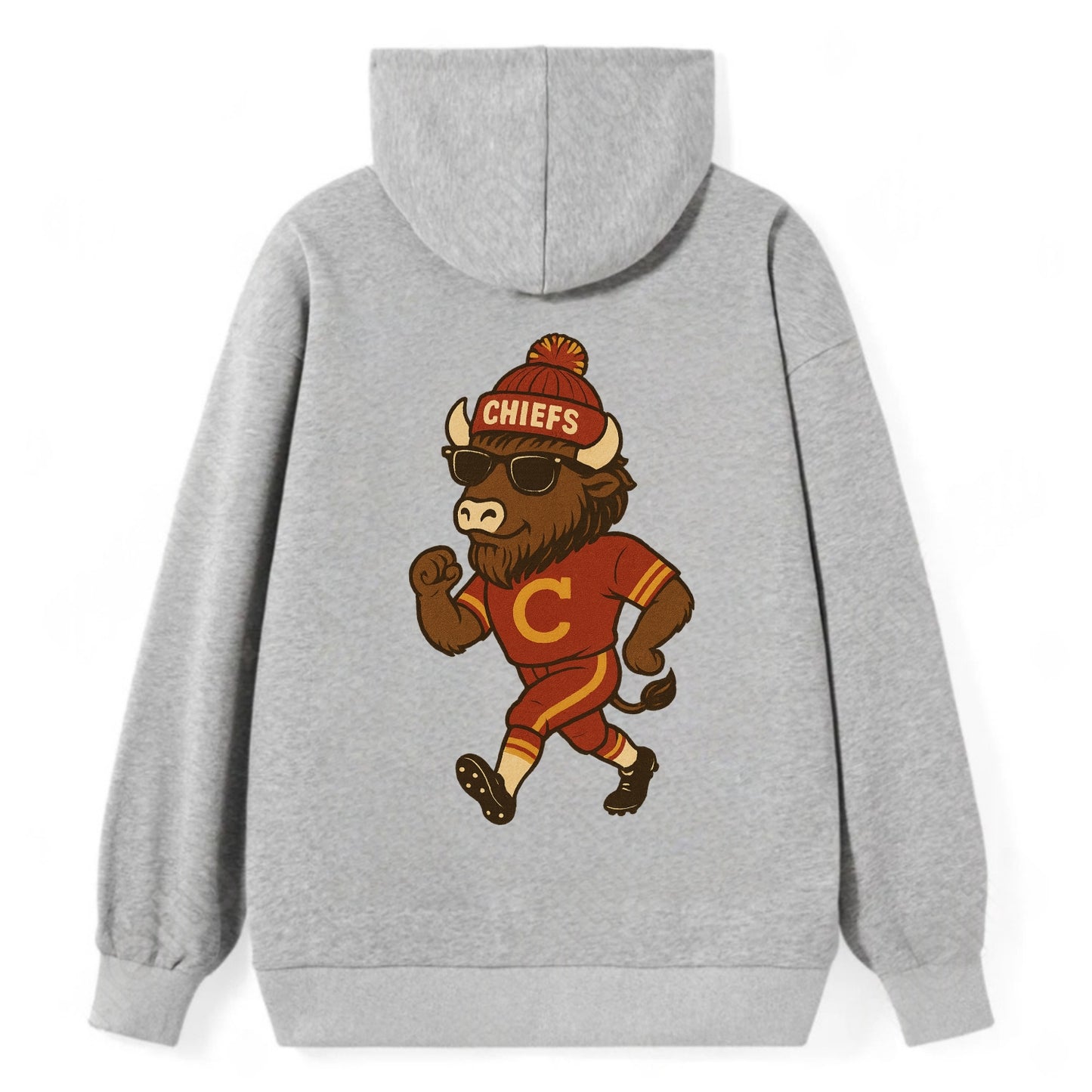 KC Bison wearing Chiefs beanie with arrowhead patch and wayfarer - Classic Pullover Hoodie - Grey