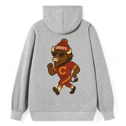 KC Bison wearing Chiefs beanie with arrowhead patch and wayfarer - Classic Pullover Hoodie - Grey