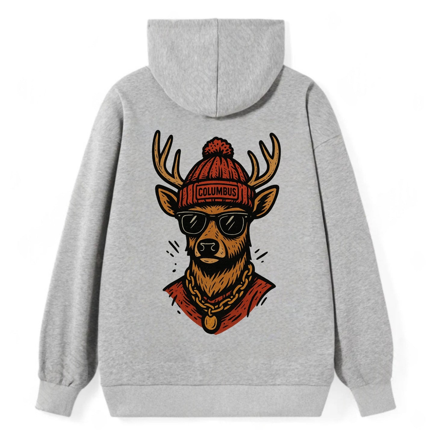 Columbus White-tailed Deer wearing Columbus beanie with pom pom and - Classic Pullover Hoodie - Grey