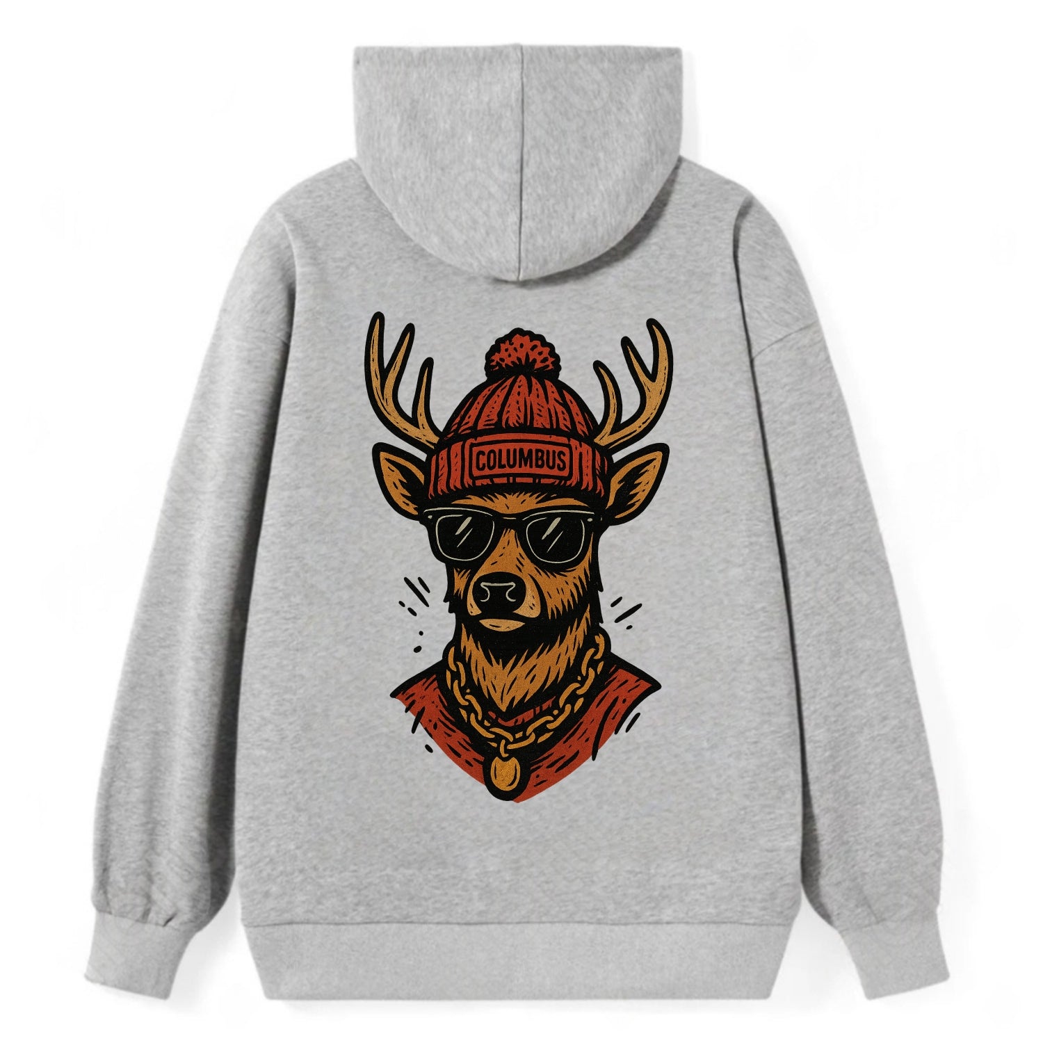 Columbus White-tailed Deer wearing Columbus beanie with pom pom and - Classic Pullover Hoodie - Grey