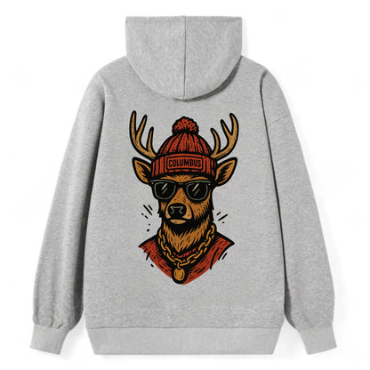 Columbus White-tailed Deer wearing Columbus beanie with pom pom and - Classic Pullover Hoodie - Grey