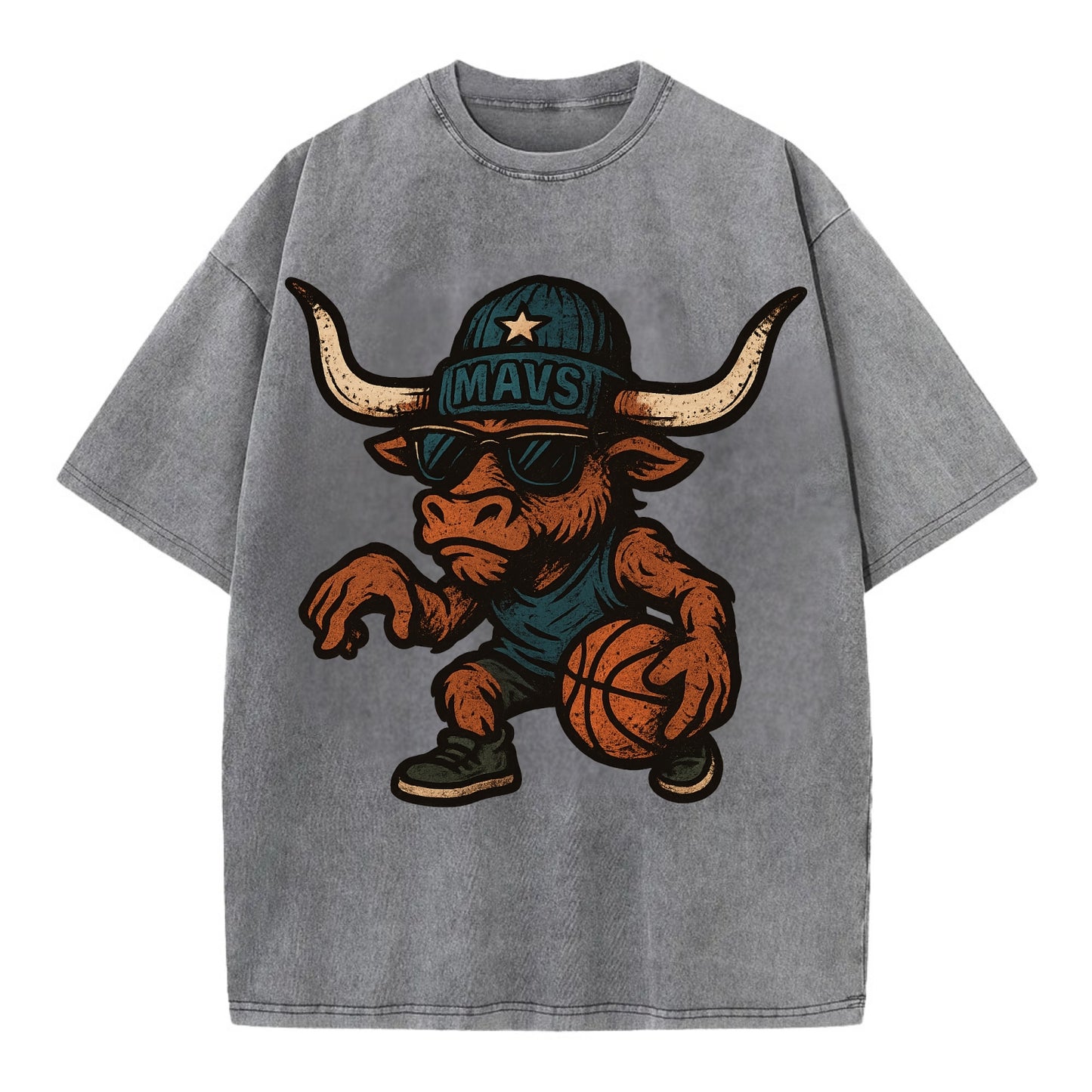 Texas Longhorn wearing Mavs beanie with lone star patch and wayfarer sunglasses - Vintage T-shirt - Grey