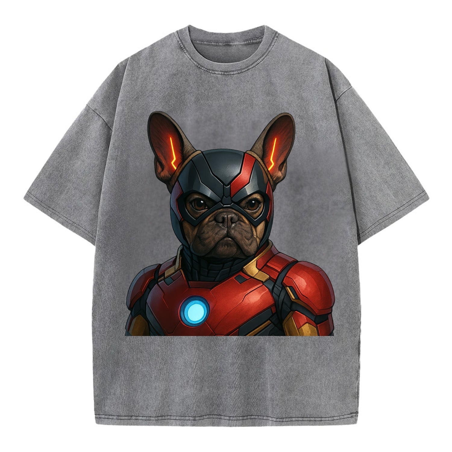 French Bulldog Iron Man  - Vintage T-shirt - Grey