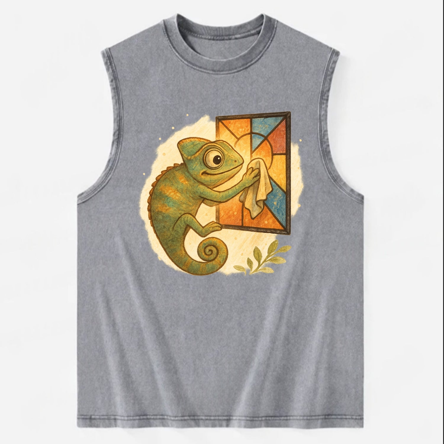 Chameleon blending into a stained-glass window it is polishing with delicate - Vintage Washed Tank - Grey