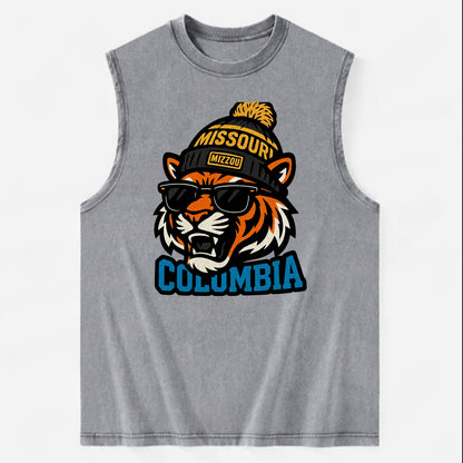 Columbia Tiger wearing Missouri beanie with Mizzou patch - Vintage Washed Tank - Grey
