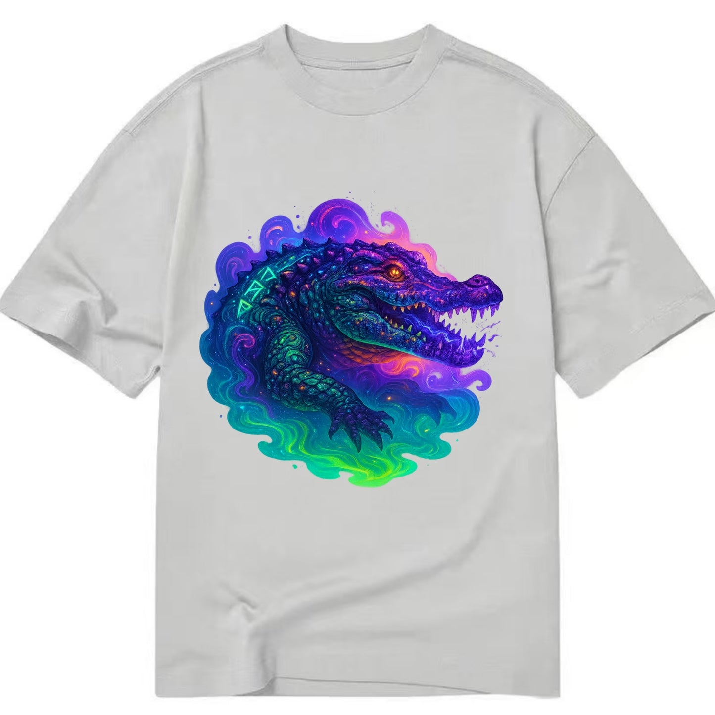 Primordial crocodile with scales pulsing plasma energy in green and purple, - Classic T-shirt - Grey