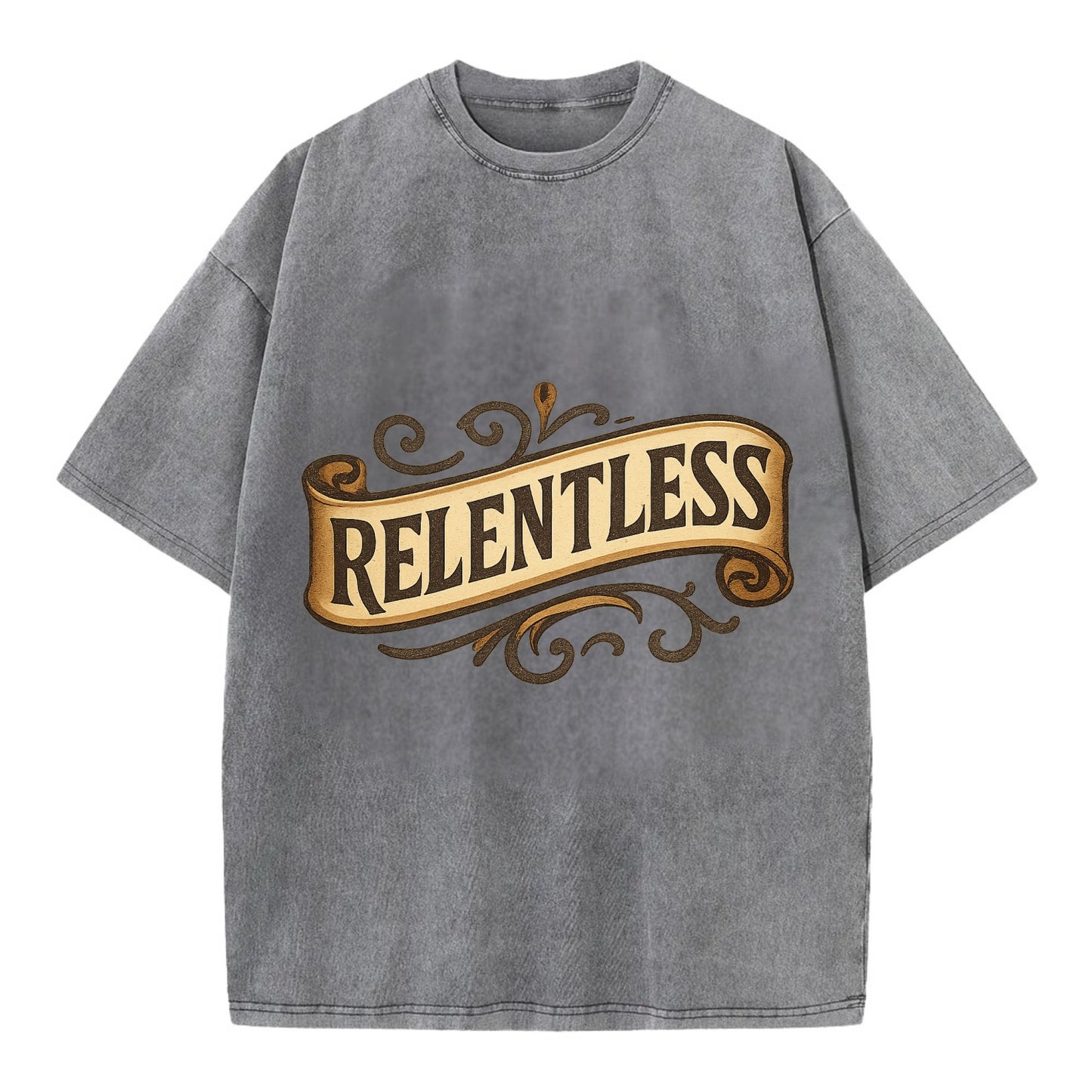 Bold typography design - "RELENTLESS" - never giving up, persistent pursuit - Vintage T-shirt - Grey