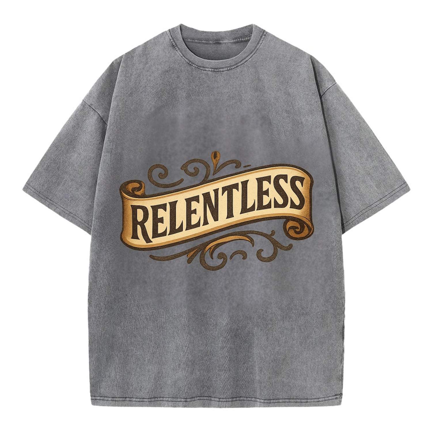 Bold typography design - "RELENTLESS" - never giving up, persistent pursuit - Vintage T-shirt - Grey