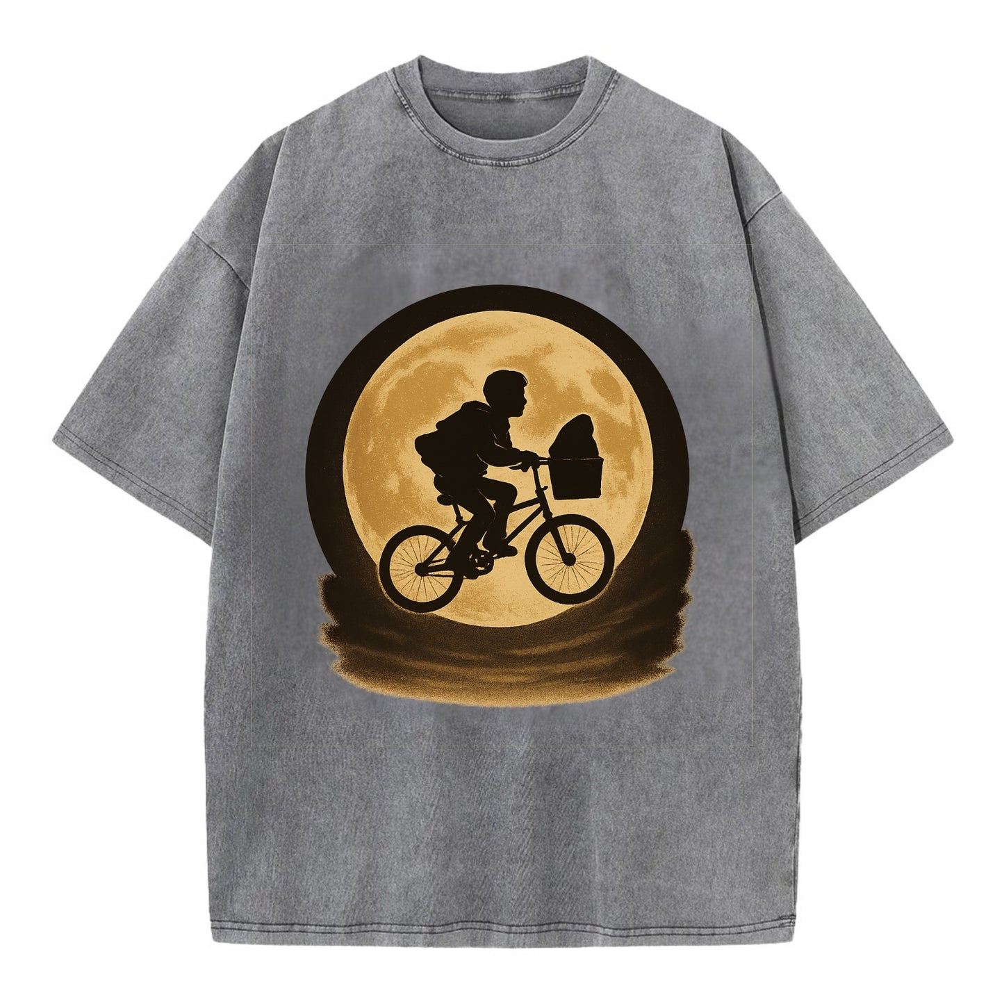 boy with bicycle flying across full moon with silhouette - Vintage T-shirt - Grey