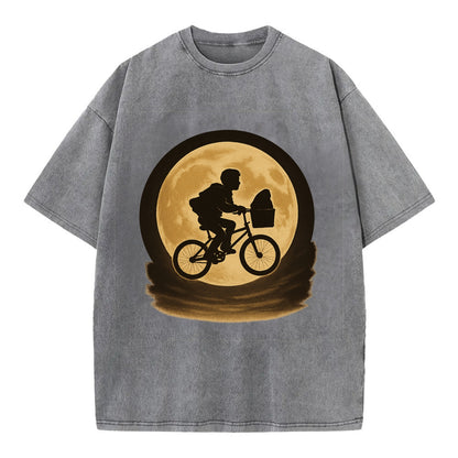 boy with bicycle flying across full moon with silhouette - Vintage T-shirt - Grey