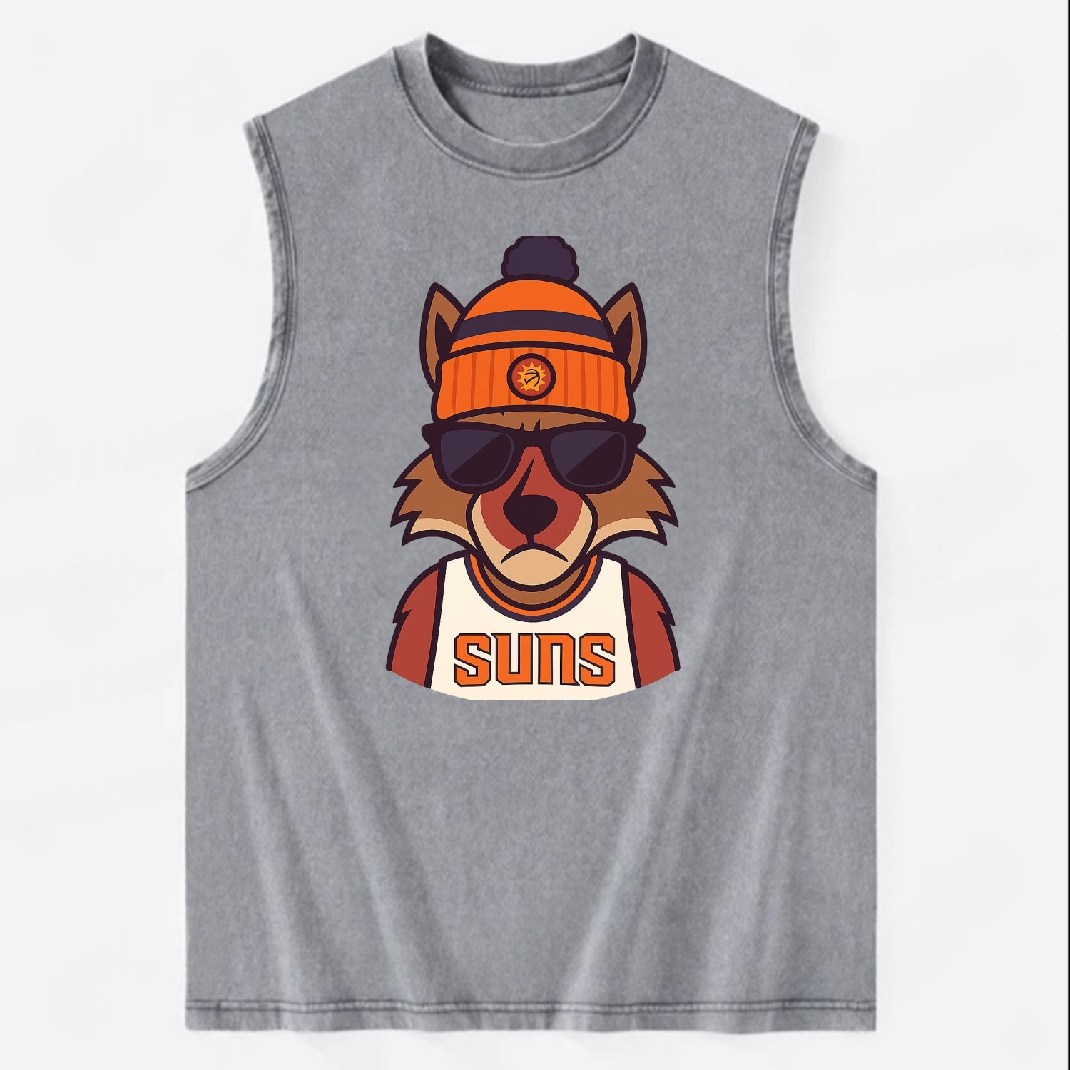 Arizona Coyote wearing Suns beanie with desert sun patch and wayfarer - Vintage Washed Tank - Grey