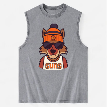 Arizona Coyote wearing Suns beanie with desert sun patch and wayfarer - Vintage Washed Tank - Grey