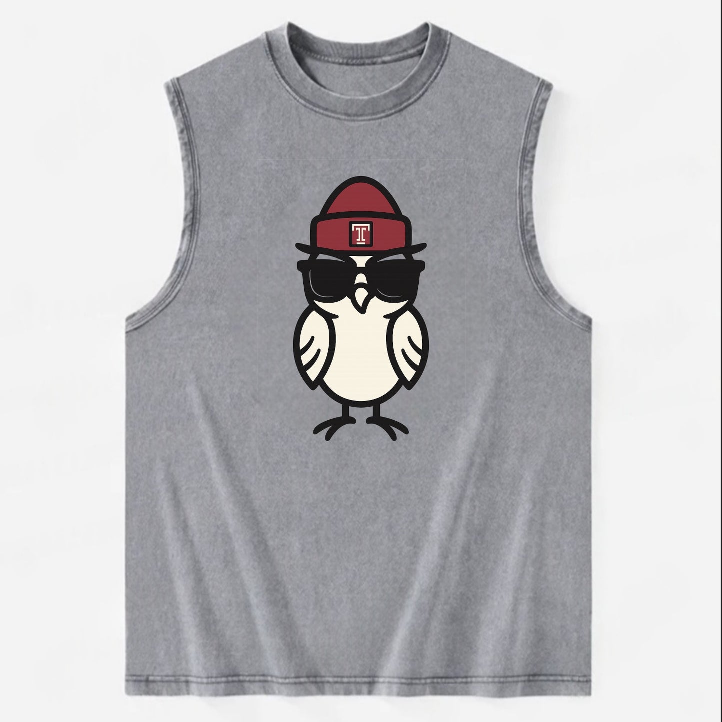 Philadelphia Owl wearing Temple beanie with T patch - Vintage Washed Tank - Grey