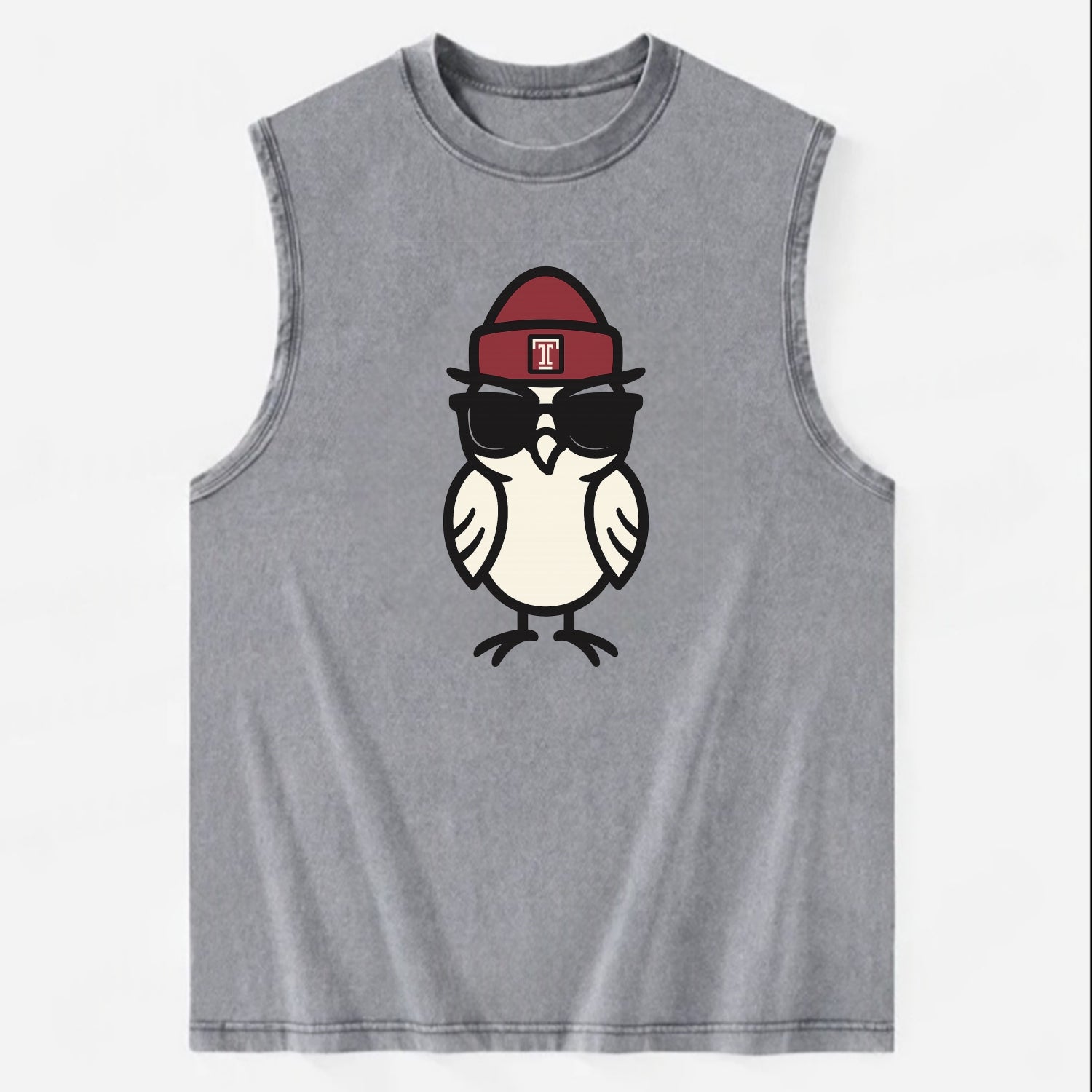 Philadelphia Owl wearing Temple beanie with T patch - Vintage Washed Tank - Grey