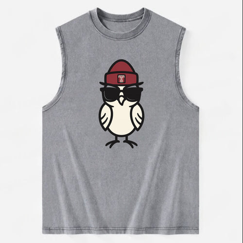 Philadelphia Owl wearing Temple beanie with T patch - Vintage Washed Tank
