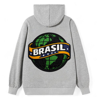 BRAZILIAN FLAG GLOBE - green globe with banner in green yellow blue , - Classic Pullover Hoodie - Grey