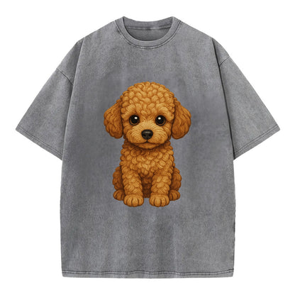 Baby Poodle Puppy - curly fluffy coat, intelligent eyes, elegant snout, - Vintage T-shirt - Grey