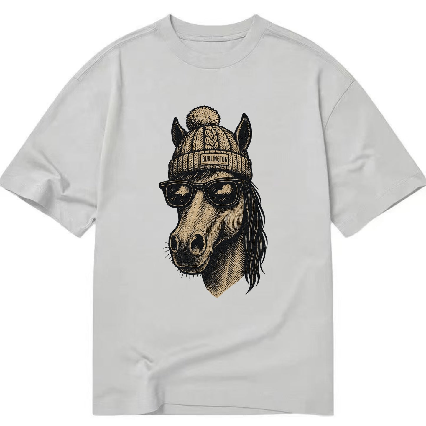 Vermont Morgan Horse wearing Burlington beanie with pom pom and wayfarer - Classic T-shirt - Grey