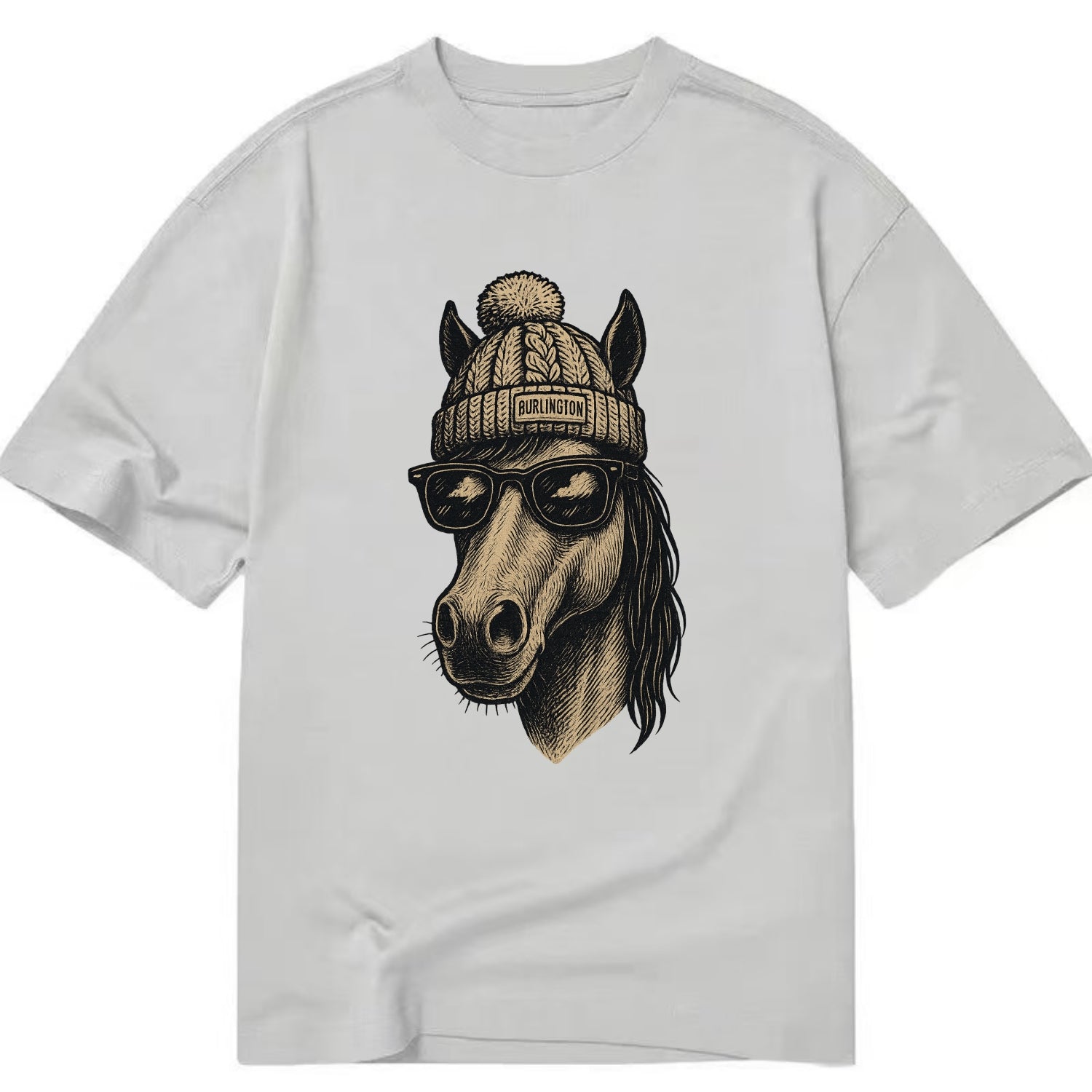 Vermont Morgan Horse wearing Burlington beanie with pom pom and wayfarer - Classic T-shirt - Grey