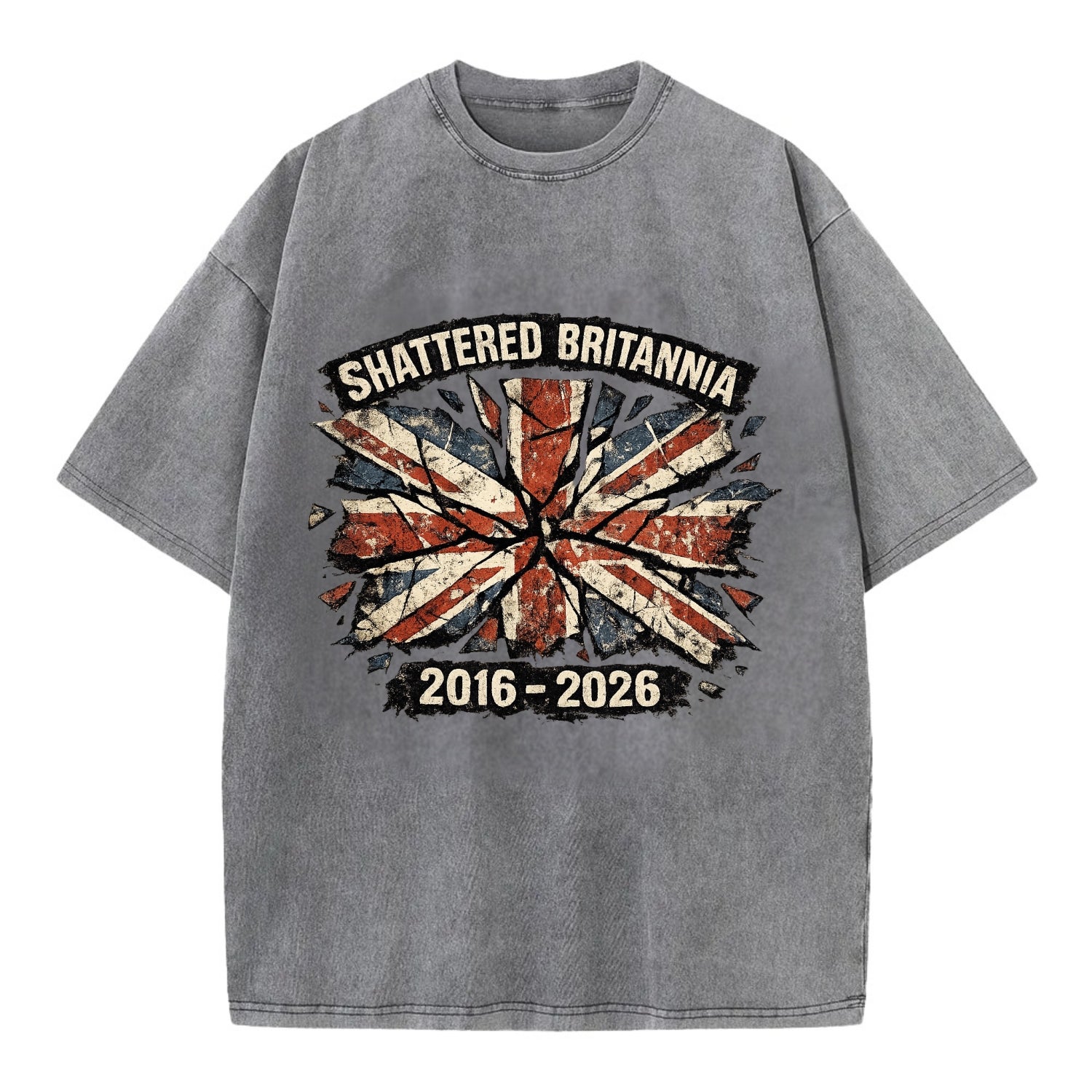SHATTERED BRITANNIA | Cracked broken Union Jack | Fragmented glass effect | - Vintage T-shirt - Grey