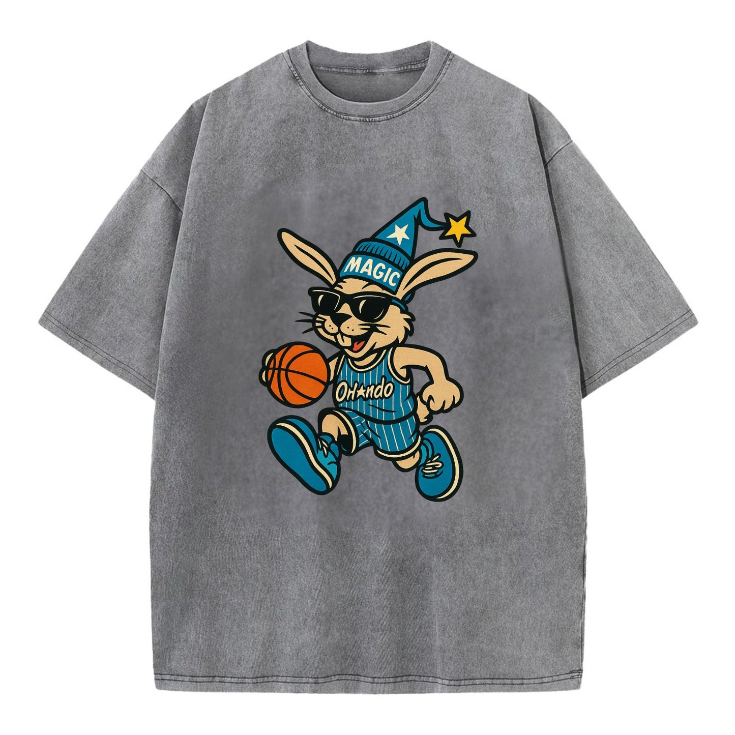 Orlando Rabbit wearing Magic blue and silver beanie with wizard hat and wayfarer - Vintage T-shirt - Grey