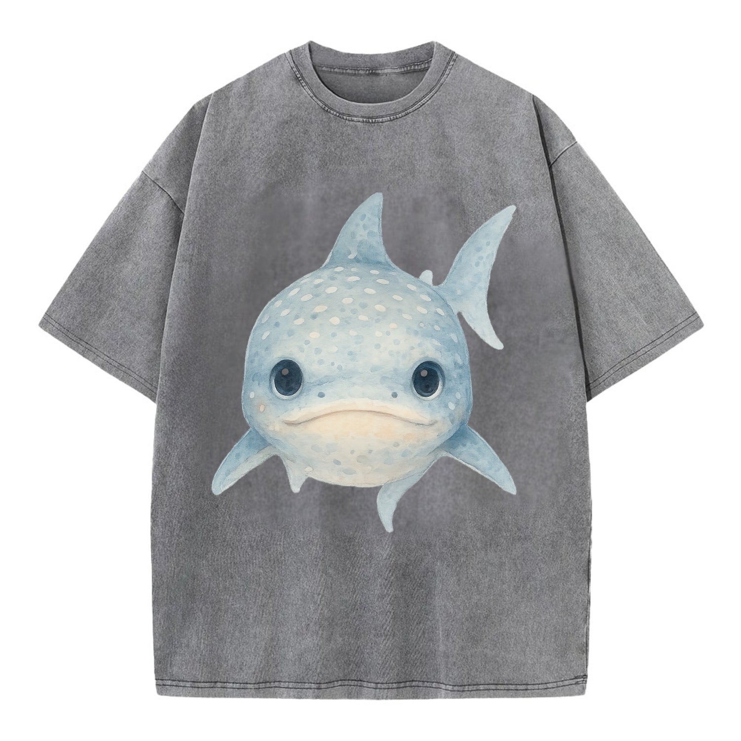 Baby Whale Shark - spotted blue-gray, wide mouth closed, tiny eyes, front-facing, - Vintage T-shirt - Grey