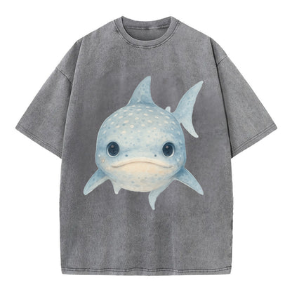 Baby Whale Shark - spotted blue-gray, wide mouth closed, tiny eyes, front-facing, - Vintage T-shirt - Grey